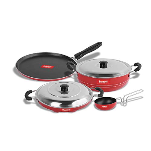 Sumeet 2.6mm Thick Non-Stick Rood Cookware Set (Dosa Tawa – 26.5cm Dia + Kadhai with Lid – 1.5Ltr Capacity- 20cm Dia + Grill Appam Patra with Lid – 23cm Dia + Tadka Pan – 10cm Dia)