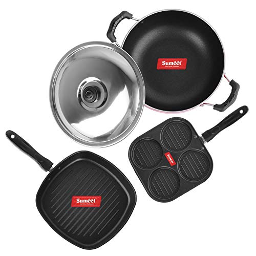 Sumeet 2.6mm Thick Non-Stick Rowan Combo Set (Mini Multi Snack Maker – 19.5cm Dia + Kadhai with Lid – 1.5Ltr Capacity- 20cm Dia + Grill Pan – 1.1Ltr Capacity – 22cm Dia)