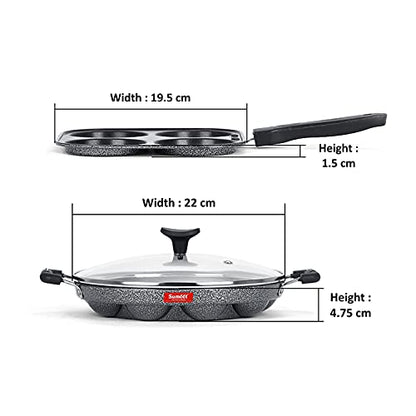 Sumeet NonStick Twin Star Cookware Set (Grill Appam Patra with Glass Lid - 12 Cavity - 22cm Dia + Mini Multi Snack Maker - 4 Cavity -19.5cm)