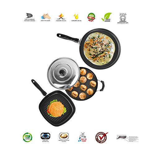 Sumeet 2.6mm Thick Non-Stick Maroon Combo Set (Dosa Tawa – 26.5cm Dia + Grill Appam Patra with Lid – 23cm Dia + Grill Pan – 1.1Ltr Capacity – 22cm Dia)