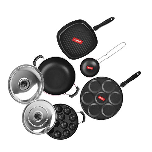 Sumeet 2.6mm Thick Non-Stick Red Wave Cookware Set (Multi Snack Maker – 26.5cm Dia + Kadhai with Lid – 1.5Ltr + Grill Appam Patra with Lid – 23cm Dia + Grill Pan – 1.1Ltr + Tadka Pan – 10cm Dia)