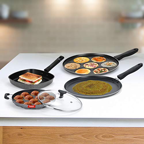 Sumeet NonStick Negre Cookware Set (Dosa Tawa - 26.5Cm Dia + Multi Snack Maker - 7 Cavity - 26.5Cm Dia + Grill Appam Patra with Glass Lid - 12 Cavity - 22cm Dia + Grill Pan-22cm Dia)