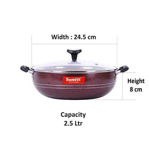 Sumeet Nonstick Granite Finish Deep Kadhai with Tempered Glass Lid - 2.5 LTR Capacity - 24.5cm Dia