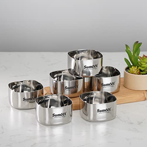 Sumeet Heavy Gauge Stainless Steel Square Bowl/Wati/Katori with Mirror Finish – 8cm Dia, Set of 6pc, 250ML Each, Silver