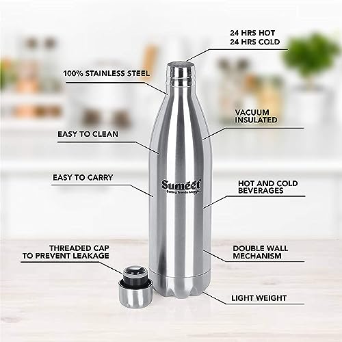 Milton Thermosteel Glassy Flask 1000, Double Walled Vacuum Insulated 1000  ml | 34 oz | 1 qt. | 24 Hours Hot and Cold Flask with Cover, 18/8 Stainless