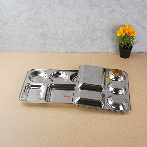 Sumeet Stainless Steel Rectangular 5 in 1 Compartment Lunch / Dinner Plate Set of 2Pcs, 33.5cm Dia, Silver