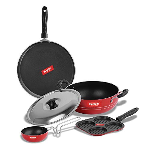 Sumeet 2.6mm Thick Non-Stick Rudh Cookware Set (Dosa Tawa – 26.5cm Dia + Mini Multi Snack Maker – 19.5cm Dia + Kadhai with Lid – 1.5Ltr Capacity- 20cm Dia + Tadka Pan – 10cm Dia)