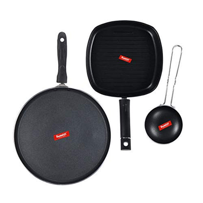 Sumeet NonStick Grau Cookware Set (Dosa Tawa - 26.5Cm Dia + Grill Pan-22cm Dia + Waghariya/Tadka pan - 190Ml - 10Cm Dia)