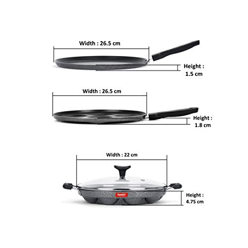 Sumeet NonStick Kulay-ABO Cookware Set (Dosa Tawa - 26.5Cm Dia + Multi Snack Maker - 7 Cavity - 26.5Cm Dia + Grill Appam Patra with Glass Lid - 12 Cavity - 22cm Dia)