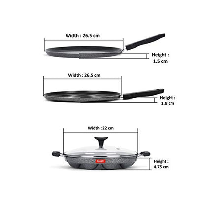 Sumeet NonStick Kulay-ABO Cookware Set (Dosa Tawa - 26.5Cm Dia + Multi Snack Maker - 7 Cavity - 26.5Cm Dia + Grill Appam Patra with Glass Lid - 12 Cavity - 22cm Dia)