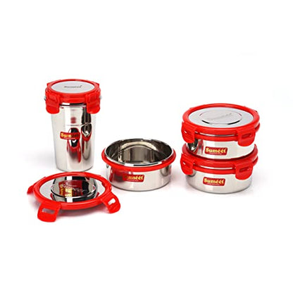 Sumeet Red Meal Statinless Steel Lunch Box Combo 3 Container (350Ml), 1 Tumbler (400Ml)