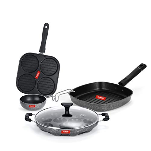 Sumeet NonStick Must Cookware Set (Mini Multi Snack Maker - 4 Cavity -19.5cm + Grill Appam Patra with Glass Lid - 12 Cavity - 22cm Dia + Grill Pan-22cm Dia + Waghariya/Tadka pan - 190Ml - 10Cm Dia)