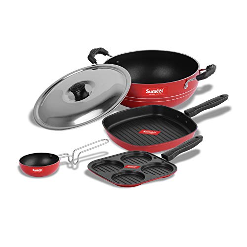 Sumeet Ruz 2.6 mm Thick Non-Stick Cookware Set (Mini Multi Snack Maker 19.5 cm Dia, Kadhai with Lid 1.5 Ltr Capacity and 20 cm Dia, Grill Pan 1.1 Ltr Capacity and 22 cm Dia, Grill Pan 1.1 Ltr)