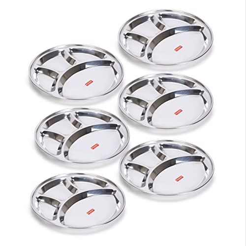 Sumeet Stainless Steel Round 4 in 1 Compartment Lunch / Dinner Plate Set of 6Pcs, 32.5cm Dia, Silver