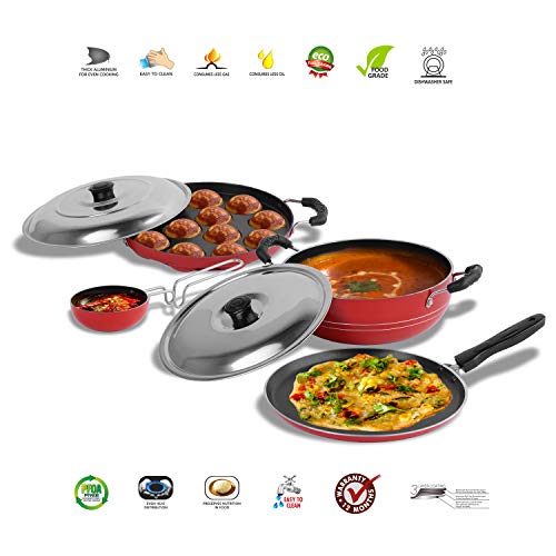 Sumeet 2.6mm Thick Non-Stick Rood Cookware Set (Dosa Tawa – 26.5cm Dia + Kadhai with Lid – 1.5Ltr Capacity- 20cm Dia + Grill Appam Patra with Lid – 23cm Dia + Tadka Pan – 10cm Dia)