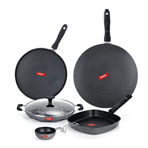 Sumeet NonStick Czarny Cookware Set (Dosa Tawa-26.5Cm Dia+Grill Appam Patra with Glass Lid-12 Cavity-22cm Dia+Grill Pan-22cm Dia+Waghariya/Tadka pan-190Ml-10Cm Dia+Conceve/Roti Tawa-28Cm Dia)