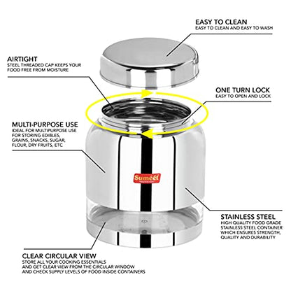 Sumeet Stainless Steel Circular See Through / Transparent Storage Container, Set of 3Pc, 1.5 Ltr each, 12.9cm Dia, Silver