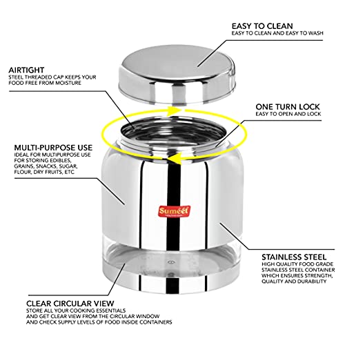 Sumeet Stainless Steel Circular See Through / Transparent Storage Container, 1Pc, 1 Ltr, 11.4 cm Dia, Silver