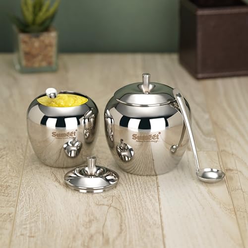 Sumeet Stainless Steel Apple Shape Ghee and Oil Pot, Storage Container with Spoon for Kitchen, 7.5cm & 9cm Dia, 220ml & 350ML - Silver (Pack of 2)