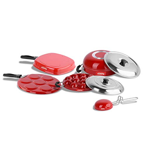 Sumeet 2.6mm Thick Non-Stick Red Wave Cookware Set (Multi Snack Maker – 26.5cm Dia + Kadhai with Lid – 1.5Ltr + Grill Appam Patra with Lid – 23cm Dia + Grill Pan – 1.1Ltr + Tadka Pan – 10cm Dia)