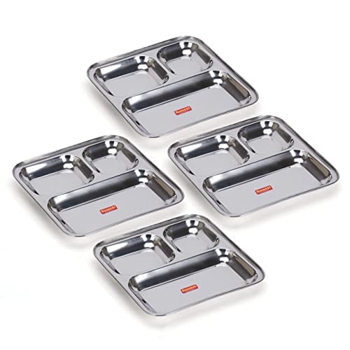 Sumeet Stainless Steel 3 in 1 Idli WADA Compartment Plate / Snack Plate / Breakfast Plate Set of 4Pcs, 24.5cm Dia, Silver