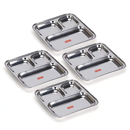 Sumeet Stainless Steel 3 in 1 Idli WADA Compartment Plate / Snack Plate / Breakfast Plate Set of 4Pcs, 21.7cm Dia, Silver