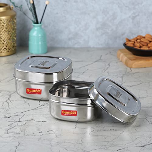 Sumeet Stainless Steel Square Storage containers Box/Dabba for Kitchen, Set of 2Pcs, 550ml, 11cm Dia, Silver