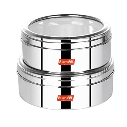 Sumeet Stainless Steel Flat Canisters/Puri Dabba/Storage Containers With See Through Lid Set of 2Pcs (1.5Ltr, 2Ltr)