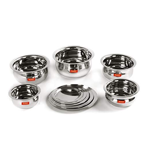 Sumeet Stainless Steel Belly Shape 5 Pc Tope / Cookware/ Pot Set with Lid 380ML, 500ML, 780ML, 1.1Ltr, 1.4Ltr, (Silver)