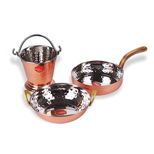 Sumeet Stainless Steel & Copper, Cook & Serve cookware Set of 3Pcs (Kadhai, Fry Pan, Bucket)