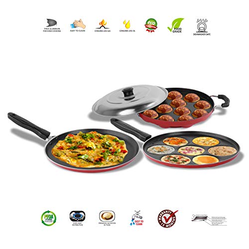 Sumeet 2.6mm Thick Non-Stick Auburn Combo Set (Dosa Tawa – 26.5cm Dia + Multi Snack Maker – 26.5cm Dia + Grill Appam Patra with Lid – 23cm Dia)