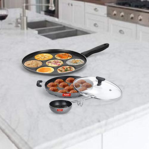 Sumeet NonStick Gray Cookware Set (Multi Snack Maker - 7 Cavity - 26.5Cm Dia + Grill Appam Patra with Glass Lid - 12 Cavity - 22cm Dia + Waghariya/Tadka pan - 190Ml - 10Cm Dia)