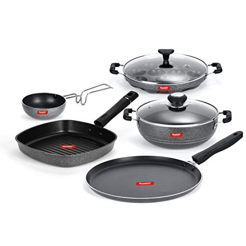 Sumeet NonStick Goal Cookware Set (Dosa Tawa-26.5Cm Dia+Kadhai with Glass Lid-2Ltr-22Cm Dia+Grill Appam Patra with Glass Lid-12 Cavity-22cm Dia+Grill Pan-22cm Dia+Tadka pan-190Ml-10Cm Dia)