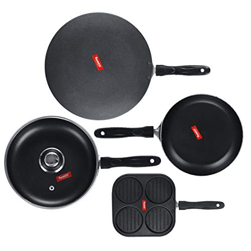 Sumeet NonStick Musta Cookware Set (Mini Multi Snack Maker - 4 Cavity -19.5cm + Frypan with Glass Lid - 1.5Ltr - 22Cm Dia + Tapper pan - 0.6Ltr - 20Cm Dia + Conceve/Roti Tawa - 28Cm Dia)