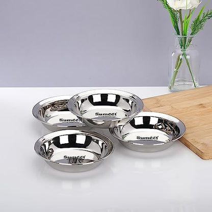 Sumeet Stainless Steel Heavy Gauge Multi Utility Serving Plates with Mirror Finish 16.5cm Dia - Set of 4pc, Silver