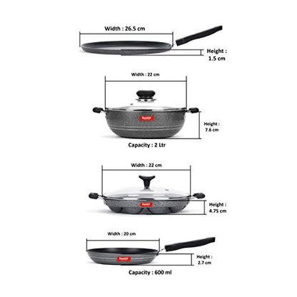 Sumeet NonStick Sort Cookware Set (Dosa Tawa - 26.5Cm Dia + Kadhai with Glass Lid -2Ltr - 22Cm Dia + Grill Appam Patra with Glass Lid - 12 Cavity - 22cm Dia + Tapper pan - 0.6Ltr - 20Cm Dia)