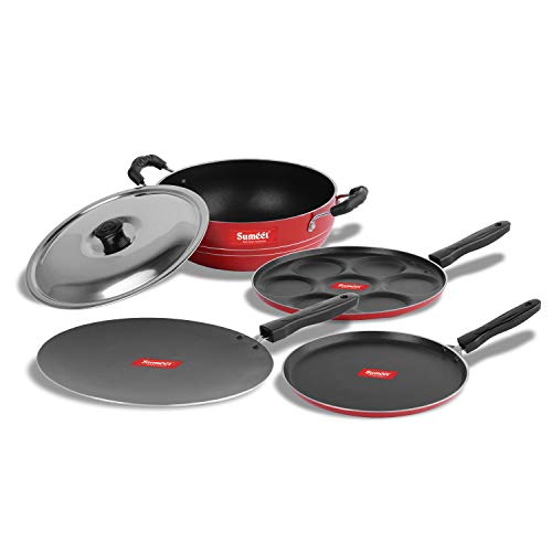 Sumeet 2.6mm Thick Non-Stick Pupa Cookware Set (Dosa Tawa – 26.5cm Dia + Multi Snack Maker – 26.5cm Dia + Kadhai with Lid – 1.5Ltr Capacity- 20cm Dia + Concave Tawa – 28cm Dia)