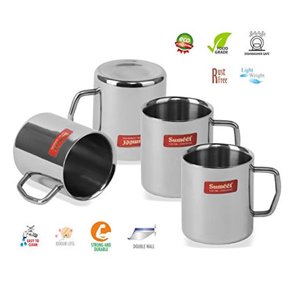 Sumeet Stainless Steel Double Wall Tea and Coffee Medium Mug Set of 4Pcs (210 Ml Each)