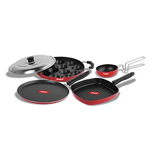 Sumeet 2.6mm Thick Non-Stick Marpo Cookware Set (Dosa Tawa – 26.5cm Dia + Grill Appam Patra with Lid – 23cm Dia + Grill Appam Patra with Lid – 23cm Dia + Tadka Pan – 10cm Dia)