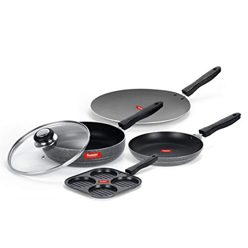 Sumeet NonStick Musta Cookware Set (Mini Multi Snack Maker - 4 Cavity -19.5cm + Frypan with Glass Lid - 1.5Ltr - 22Cm Dia + Tapper pan - 0.6Ltr - 20Cm Dia + Conceve/Roti Tawa - 28Cm Dia)