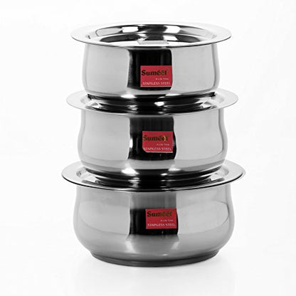 Sumeet 3 Pcs Stainless Steel Induction & Gas Stove Friendly Belly Shape Container Set/Tope/Cookware Set with Lids