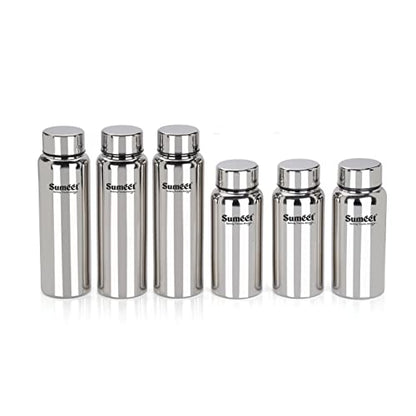 Sumeet Stainless Steel Jointless Akhand Leak-Proof Water Bottle / Fridge Bottle Set 800ML and 600ML - Pack of 6, Silver