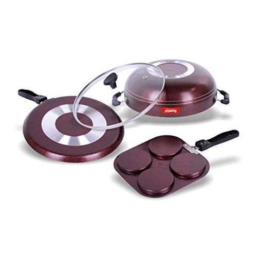 Sumeet Nonstick Granite Finish REVANTIO 3 pc Cookware Set (Mini Multi Snack Maker - 4 Cavity - 19.5cm Dia + Dosa Tawa - 26.5cm Dia + Kadhai with Glass Lid - 2.5 LTR Capacity - 24.5cm Dia)