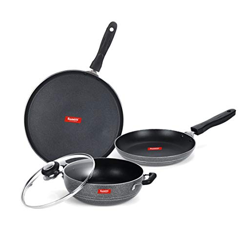 Sumeet NonStick Grey Cookware Set (Dosa Tawa - 26.5Cm Dia + Kadhai with Glass Lid -2Ltr - 22Cm Dia + Tapper pan - 0.6Ltr - 20Cm Dia)