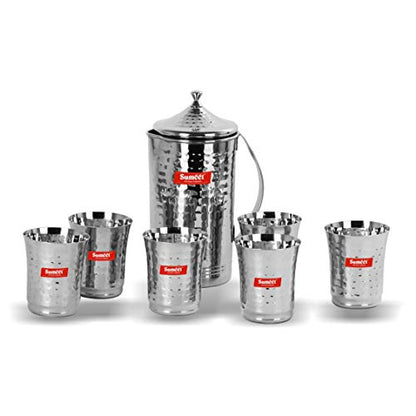 Sumeet Stainless Steel Handcrafted Hammered Texture Jug and Glass Set of 7 Pcs