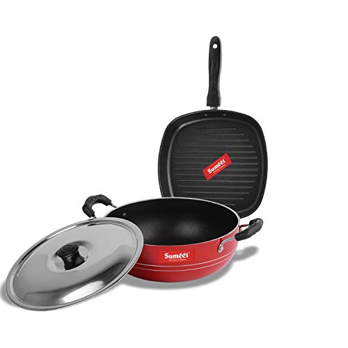 Sumeet 2.6mm Thick Non-Stick Scarlet Cookware Set (Kadhai with Lid – 1.5Ltr Capacity- 20cm Dia + Grill Pan – 1.1Ltr Capacity – 22cm Dia)