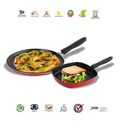 Sumeet 2.6mm Thick Non-Stick Berry Cookware Set (Dosa Tawa – 26.5cm Dia + Grill Pan – 1.1Ltr Capacity – 22cm Dia)