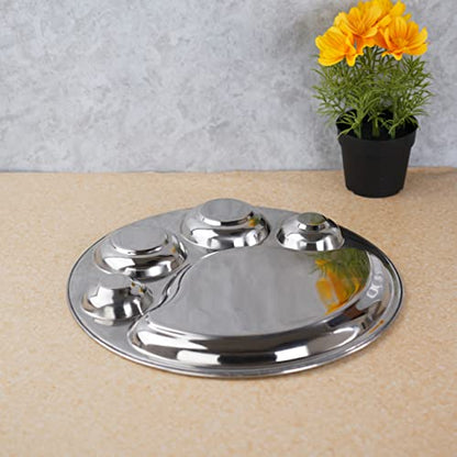 Sumeet Stainless Steel Round 5 in 1 Compartment Lunch / Dinner Plate 1Pc, 31cm Dia, Silver