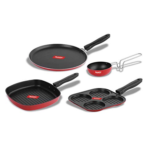 Sumeet 2.6mm Thick Non-Stick Russu Cookware Set (Dosa Tawa – 26.5cm Dia + Mini Multi Snack Maker – 19.5cm Dia + Grill Pan – 1.1Ltr Capacity – 22cm Dia + Tadka Pan – 10cm Dia)