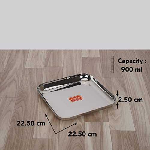 Sumeet Stainless Steel Medium Square Shape Plate/Snacks Plate/Breakfast Plate Set of 2pcs, 22.5cm Dia, Silver